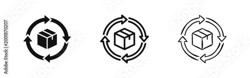 Delivery Cycle and Recycling Box Icon Set. Shipping Package with Return Circular Arrows.