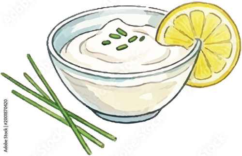 Watercolor Sour Cream Bowl with Lemon and Herbs Illustration