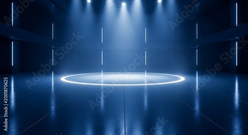 Large Empty Studio Hall with Glowing Circle and Spotlights