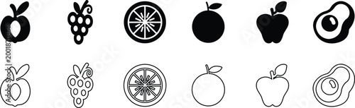 Fruit food icon set collection group in black flat and line style featuring apple, banana, orange, grape, lemon, berry synonym elements for healthy diet, fresh produce and nutrition design use