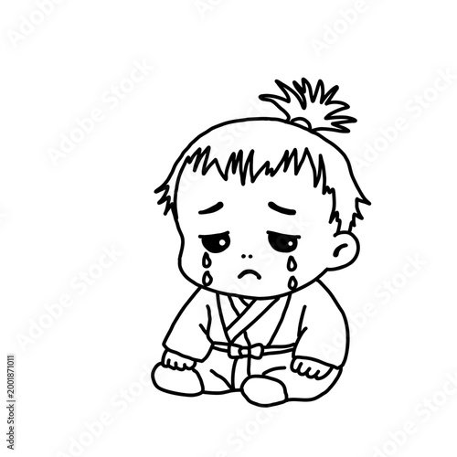 Crying baby samurai character illustration, line art for coloring, sad child in traditional Japanese kimono