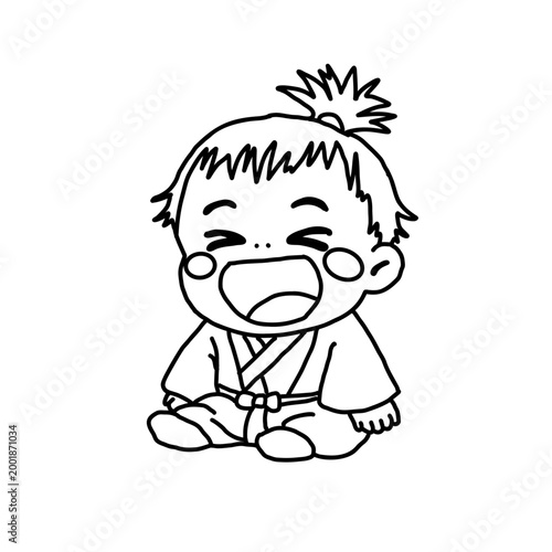 Laughing baby samurai character illustration, line art for coloring, big smile, child in traditional Japanese kimono