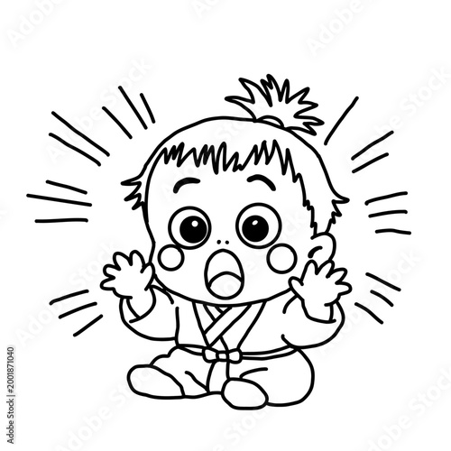 Surprised baby samurai character illustration, line art for coloring, shocked child in traditional Japanese kimono