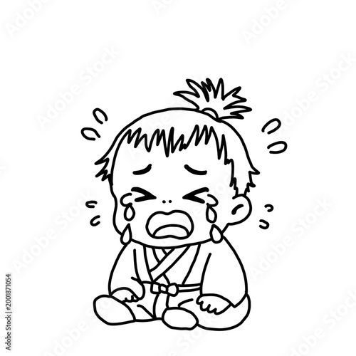 Hard crying baby samurai character illustration, line art for coloring, wailing child in traditional Japanese kimono