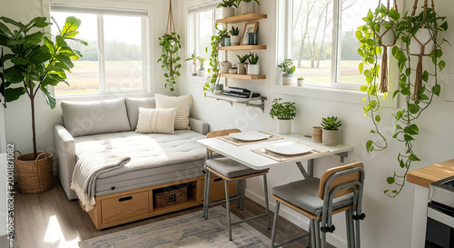 Modern Tiny House Interior Design Featuring Bright Minimalist Decor and Abundant Green Indoor Plants in Small Space