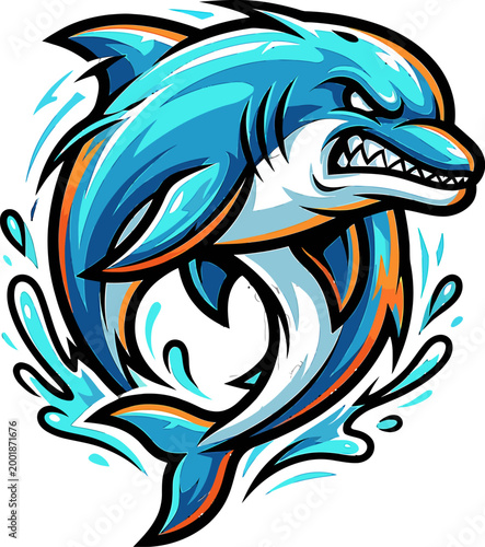 Fierce blue dolphin with sharp teeth and angry expression, surrounded by splashing water, aggressive marine mammal illustration