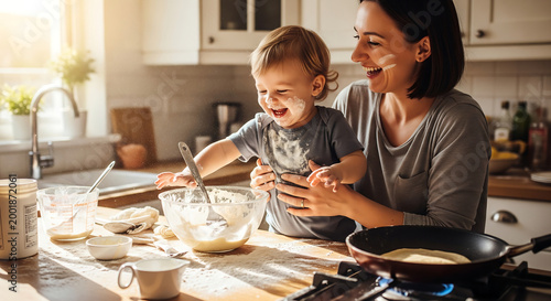 Happy young mother and toddler son having fun baking cookies together in a sunny kitchen with flour on their faces