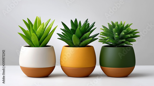 Three succulent houseplants in colorful pots for home decor office styling indoor gardening and modern botanical concept