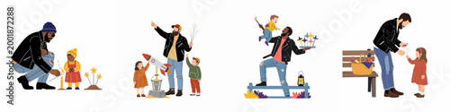 Diverse fathers and children celebrating with fireworks, sparklers, and toy rockets in four separate flat vector illustration scenes on a white background.