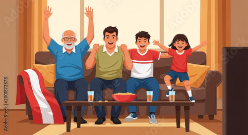 Multi-Generational Family Watching Football Match and Celebrating at Home
