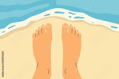 Feet on tropical beach top view, summer vacation concept, sandy shore with ocean waves, relaxation and travel mood - vector illustration