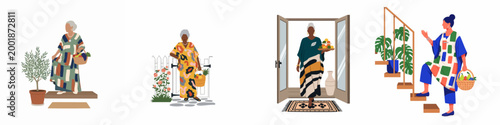 Diverse mature women in vibrant patterned dresses carrying fruit baskets in garden and home settings, set of flat vector illustrations.