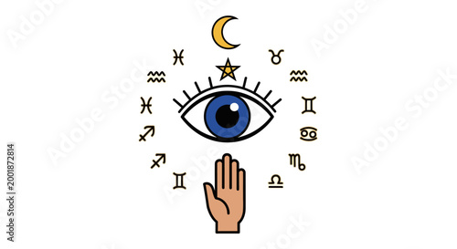 Mystical Eye Illustration with Zodiac Signs and Moon