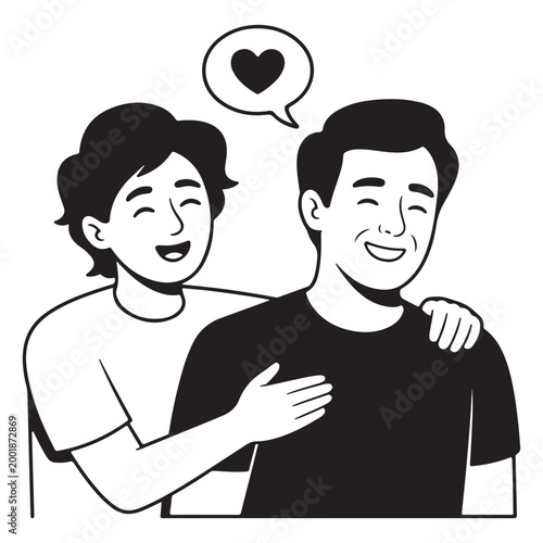 Two Happy Male Friends Hugging with Heart Symbol, Brotherhood and Emotional Support Vector Illustration