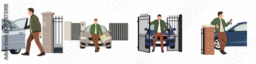 Illustrations of a man with his car and automatic driveway gate, showing scenes of driving, navigating, and operating a remote-controlled gate system.