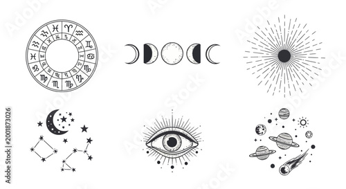 Collection of Mystical Celestial Symbols and Zodiac Signs