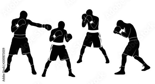 Silhouettes of Boxers in Action, A Collection of Male Fighters Demonstrating Various Combat Stances and Training Poses for Sports and Athletic Concepts