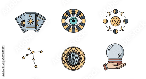 Mystical and Esoteric Symbols Icon Set with Tarot and Crystal Ball