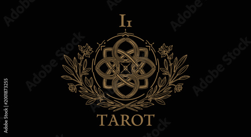 Elegant Gold Tarot Emblem with Floral Ornaments on Black Background