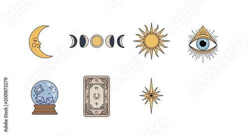 Mystical Esoteric Symbol Set Moon Sun Eye Tarot and Crystal Ball