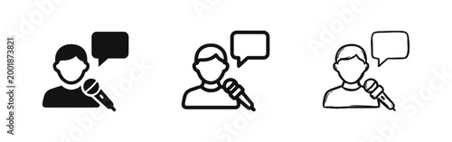 Public Speaking and Interview Icon Set. Speaker Talking into Microphone with Speech Bubble.