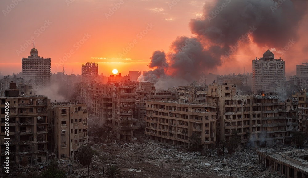 Fototapeta premium Devastation in Beirut - A City Scarred by Explosion at Sunset.