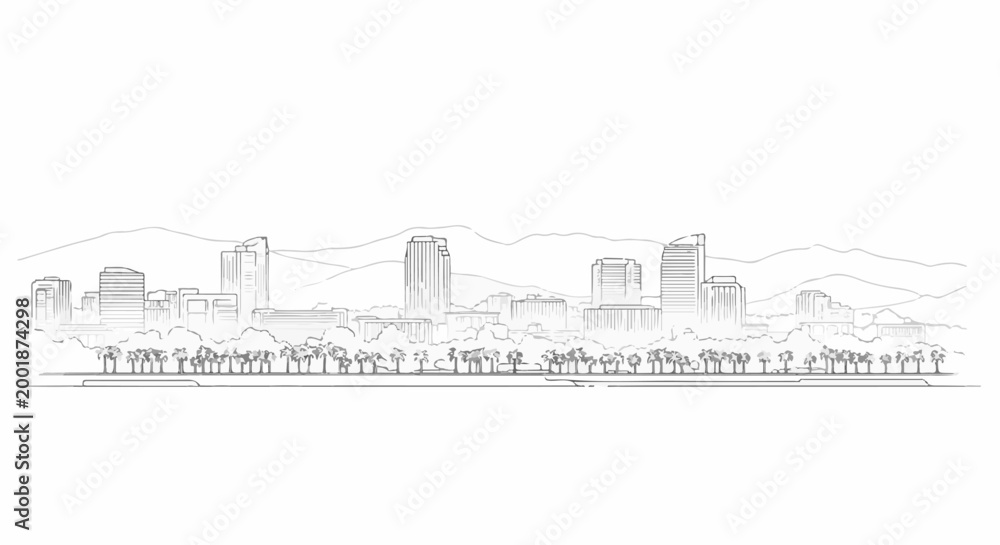 Obraz premium Stylized sketch of a city skyline with palm trees and mountains in the background