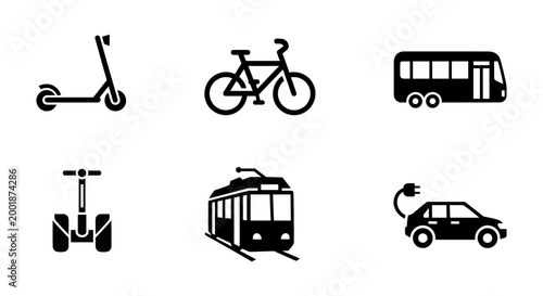 Set of black flat icons representing sustainable urban transportation modes including electric scooter, bicycle, public bus, self-balancing transporter, tram, and electric vehicle.