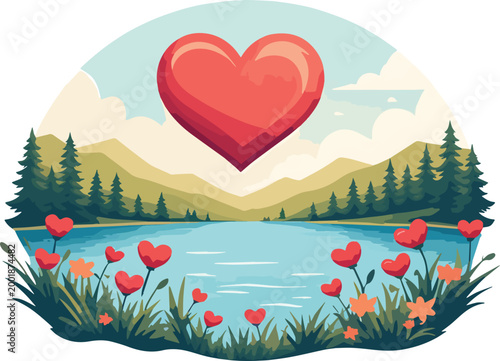 Tableau sur toile Illustrazione vettoriale di un lago a forma di cuore circondato da cuori fluttuanti, simbolo di amore, armonia e connessione con la natura