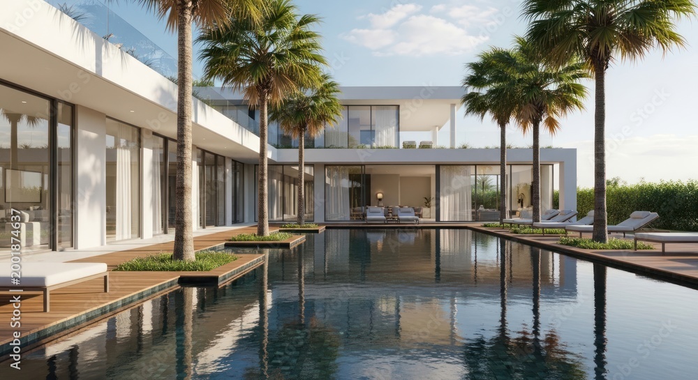 Fototapeta premium Luxury modern house with swimming pool and palm trees