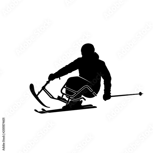 Silhouette of a skier on a sit-ski during a downhill race.