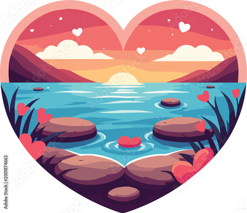 Tableau sur toile Illustrazione vettoriale di un lago a forma di cuore circondato da cuori fluttuanti, simbolo di amore, armonia e connessione con la natura