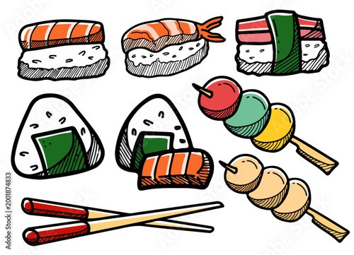 Japanese Food Doodle Set Sushi Onigiri Dango Chopsticks Hand Drawn Vector Collection