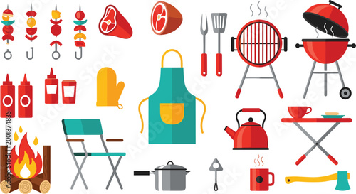 Vibrant Flat Style Outdoor BBQ and Picnic Supply Set with Kebab, Apron, Grill, Campfire, Kettle, Chair, Axe, and Sauce for Party Designs.
