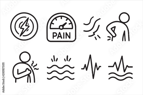 Line art icons depicting various symptoms and medical conditions