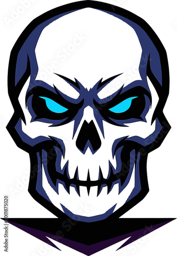 A menacing skull illustration with glowing blue eyes and a dark, shadowy base, conveying a sense of danger and mystery