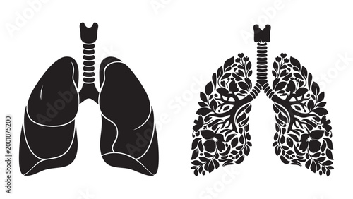 Black and White Healthy and Unhealthy Human Lungs Anatomy