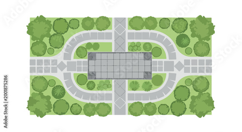 Landscape design plan vector, top view garden layout with stone paths and green trees, architectural site map for backyard park or public square