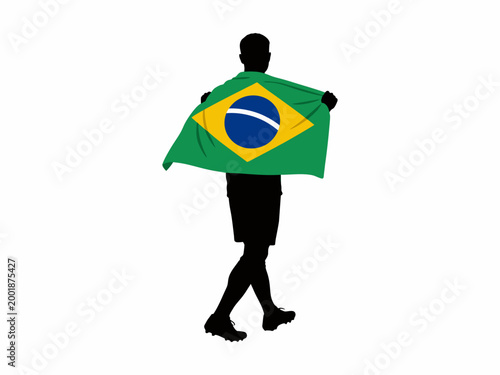 Back view of male fan silhouette walking and holding a Brazil flag on white background