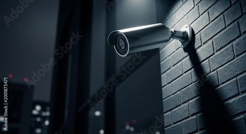 A sleek, modern security camera mounted on a brick wall at night, overlooking a city with blurred urban lights in the background.