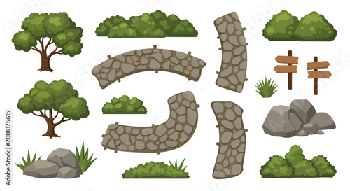 Cartoon nature landscape elements set, stone path and garden bushes vector, green trees and park foliage collection for game design
