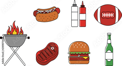 Bold Outline Game Day BBQ Icon Set with Flaming Grill, Hotdog, Burger, Steak, Beer, Sauce Bottles, and Football for Sports Party Designs.