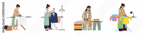 A collection of illustrations showing diverse women ironing various types of clothing on ironing boards, depicting daily domestic chores and laundry care.