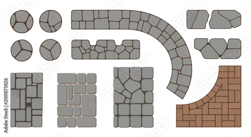 Stone paving vector set, grey cobblestone path textures and brick walkway patterns, architectural garden landscaping elements for site plans