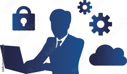クラウドコンピューティングとセキュリティを管理するビジネスマンのシルエットイラスト