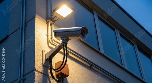 A professional security camera and floodlight mounted on an external building wall at night, providing constant surveillance and property protection.