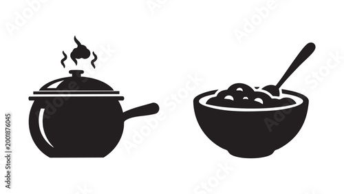 Black Vector Icons of a Steaming Hot Pot and Bowl