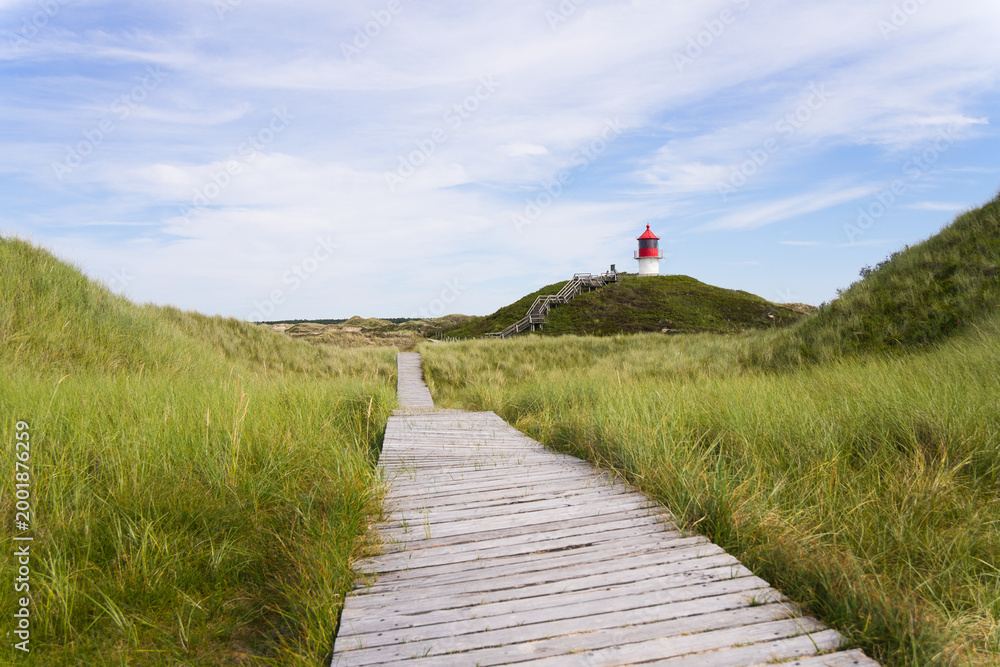 Fototapeta premium Wide shot of a wooden path on dunes to a small lighthouse | Amrum, Germany 