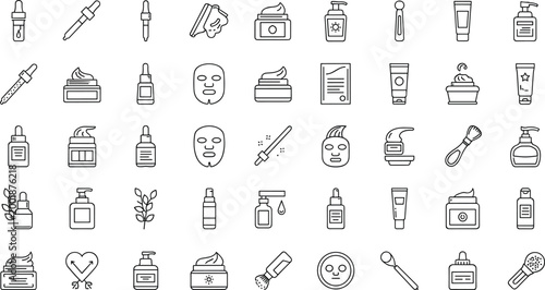 Beauty and Skincare Line Icon Set with Cosmetic Products, Makeup Tools and Personal Care Symbols, Minimal Outline Vector Collection for Salon, Spa and Wellness Design