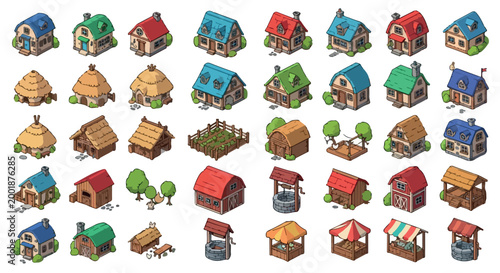 Isometric medieval village buildings set, 40 fantasy game icons of cottages and barns, colorful wooden farm houses and market stalls vector collection